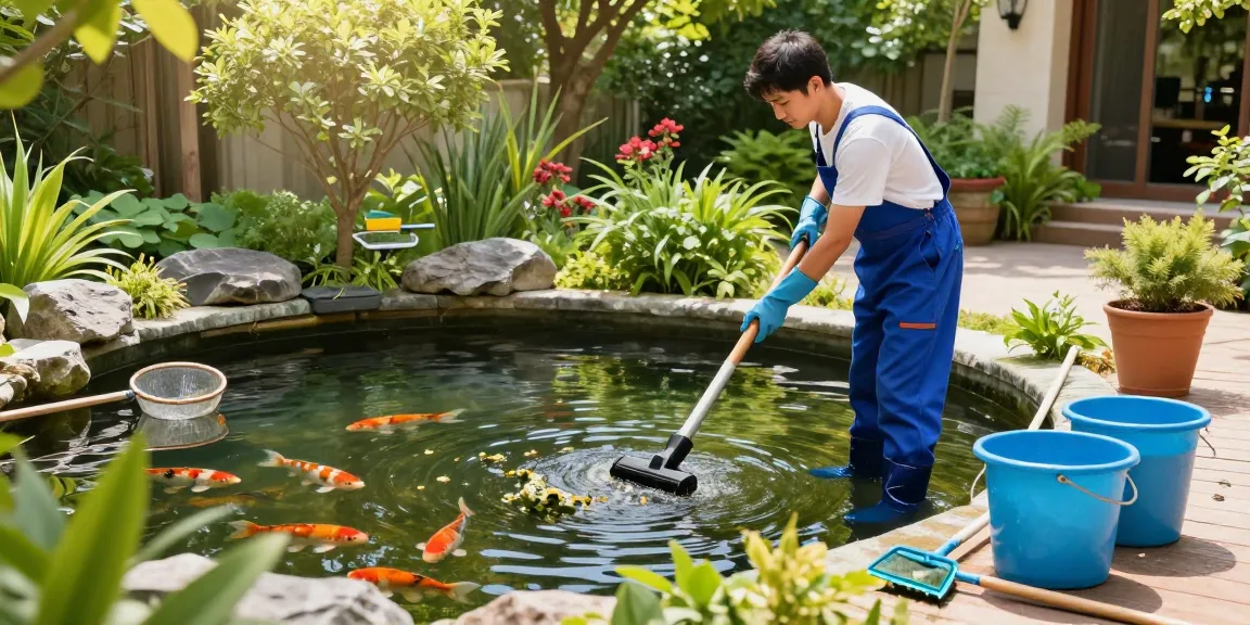 Pond Cleaning Sussex services featuring a technician cleaning a garden pond with koi fish.