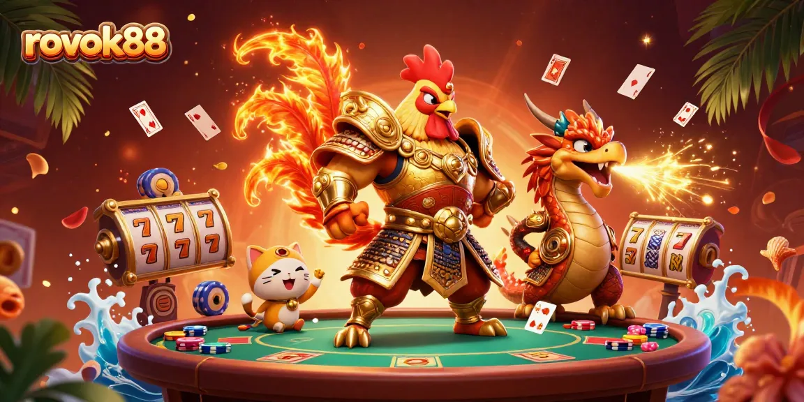 Experience the thrill of rokok88 with a dynamic scene of cartoon characters engaging in a festive casino atmosphere.
