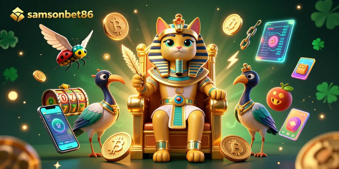 Engage with samsonbet86's thrilling gaming scene featuring Egyptian cat and vibrant slot elements.