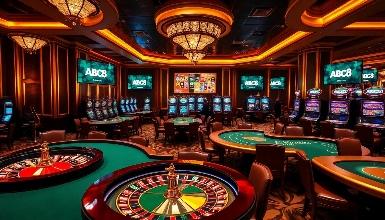 Players engaged in exciting games at ABC8 casino, showcasing roulette and poker tables.