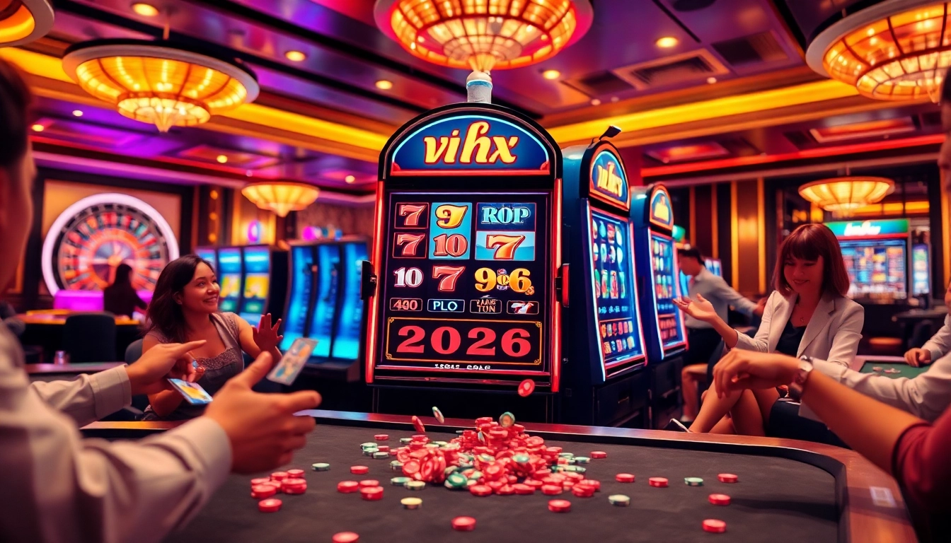 Nổ hũ vmax 2026 slot machine attracting players with vibrant lights and colors in a lively casino scene.