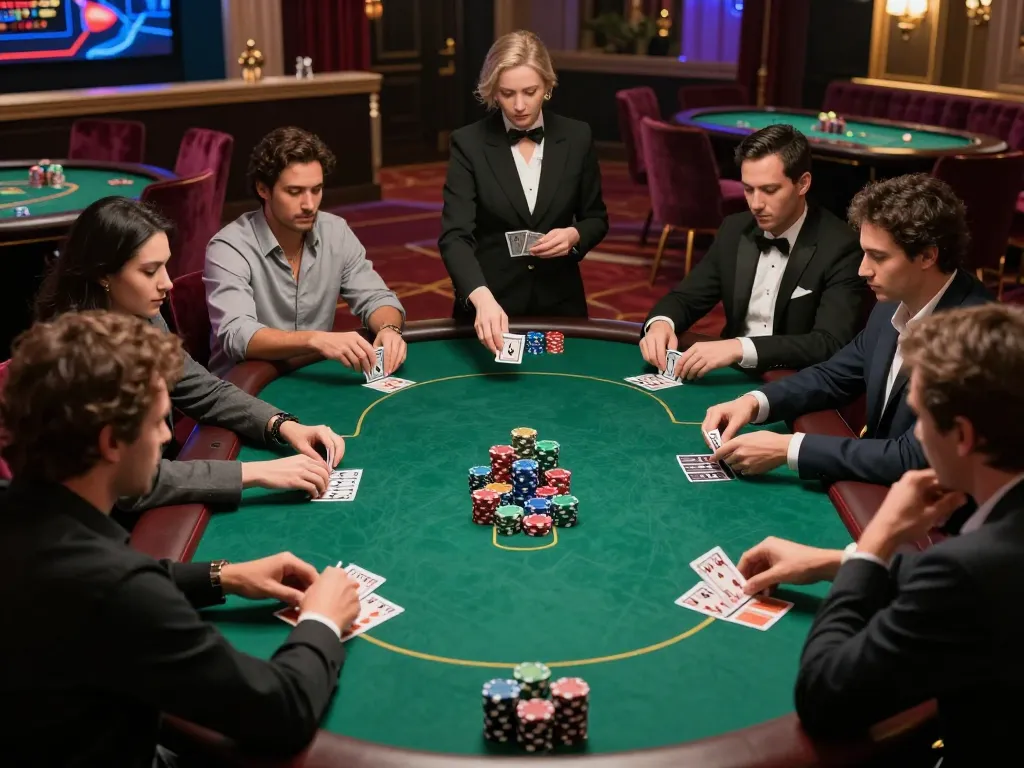 Players strategize during the game 98win poker session at a luxury casino table.