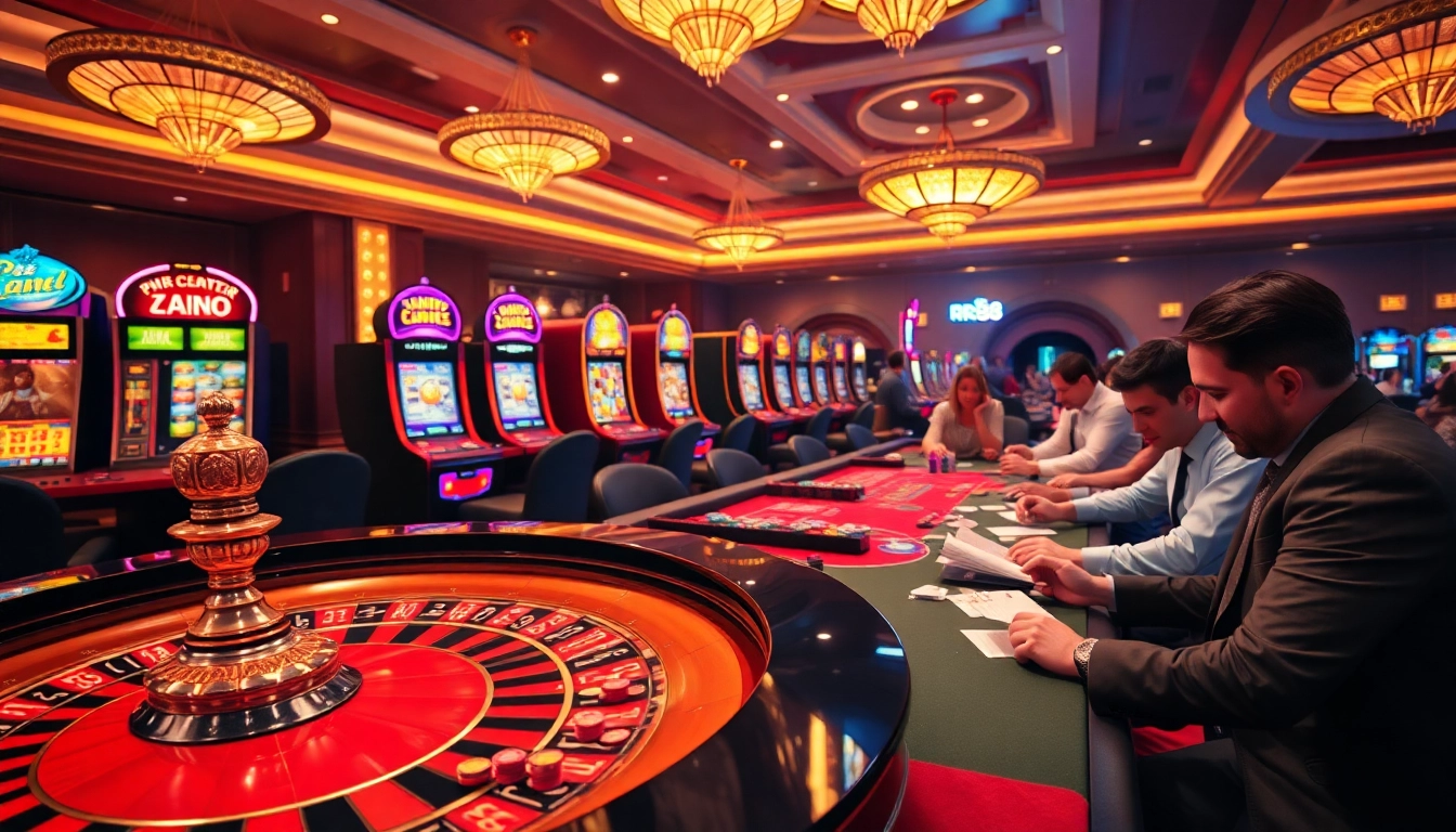 Experience the excitement of rr88 gratis at a vibrant casino with roulette and slot machines.