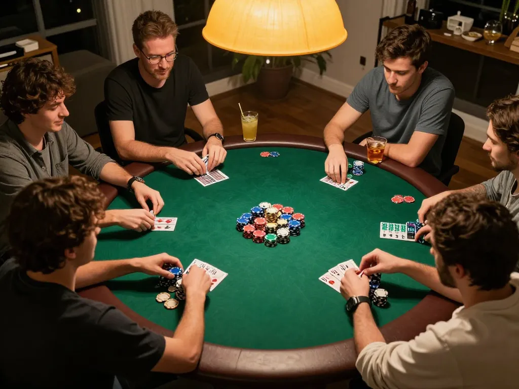 Players enjoy poker night at home, showcasing 3 Win moments of social gambling fun and strategy.