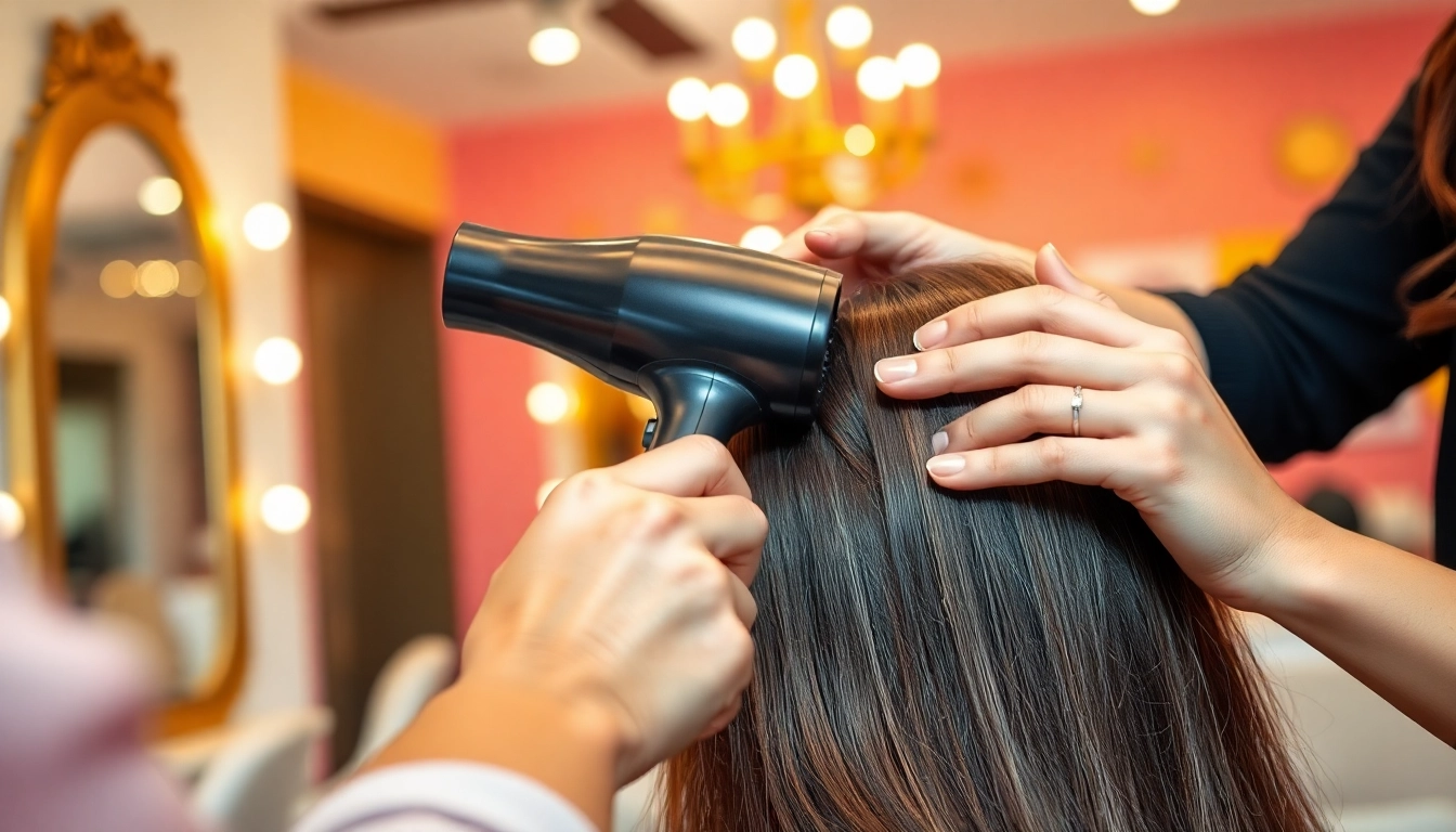 Stylist demonstrating a frizzy hair dryer for smooth, frizz-free hair results in a modern salon.