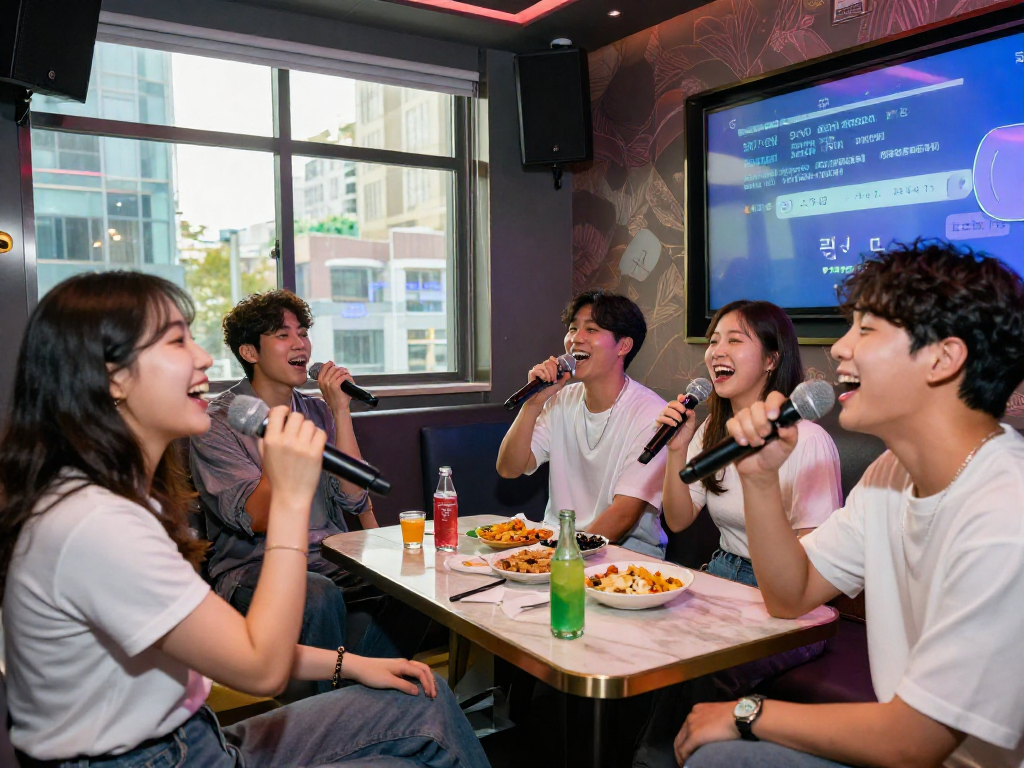 강남 도파민의 활기찬 노래방 내부에서 친구들과 함께 즐거운 시간을 보내는 장면