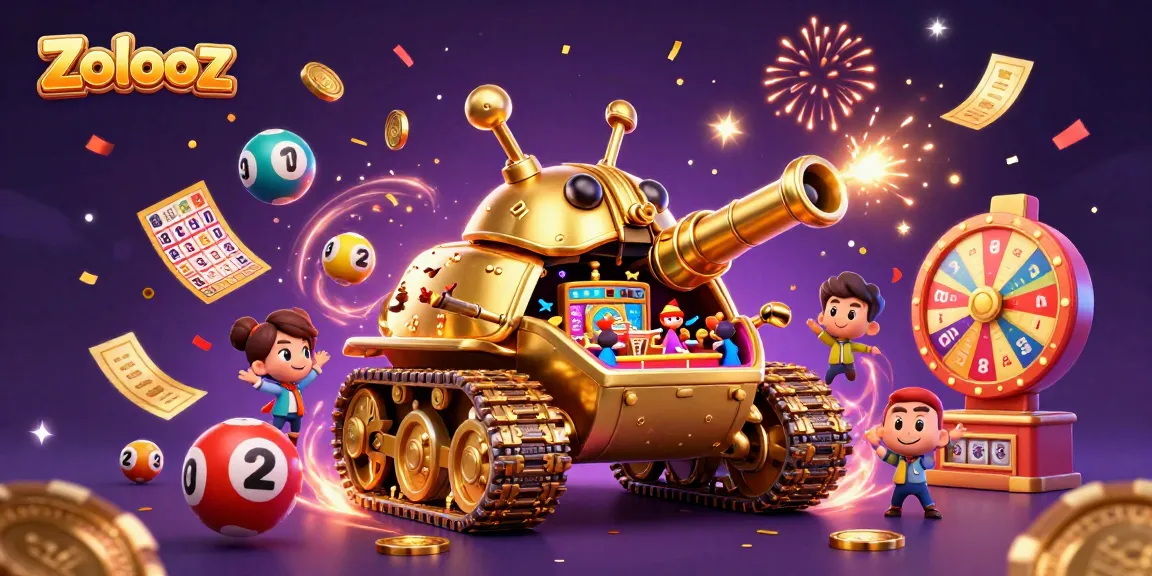 Zolooz showcases an exhilarating casino scene with a golden beetle tank amidst colorful lottery actions.