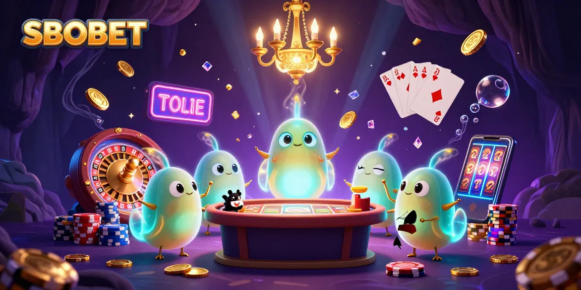 SBOBET illuminates a vibrant casino scene with bioluminescent glowworms and a bat dealer, showcasing engaging gambling elements.