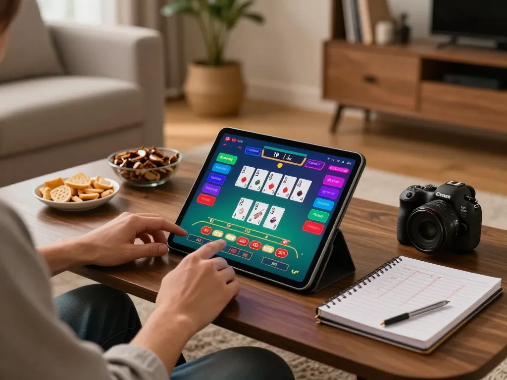 SC88 player enjoying blackjack online on tablet, showcasing strategic gaming environment