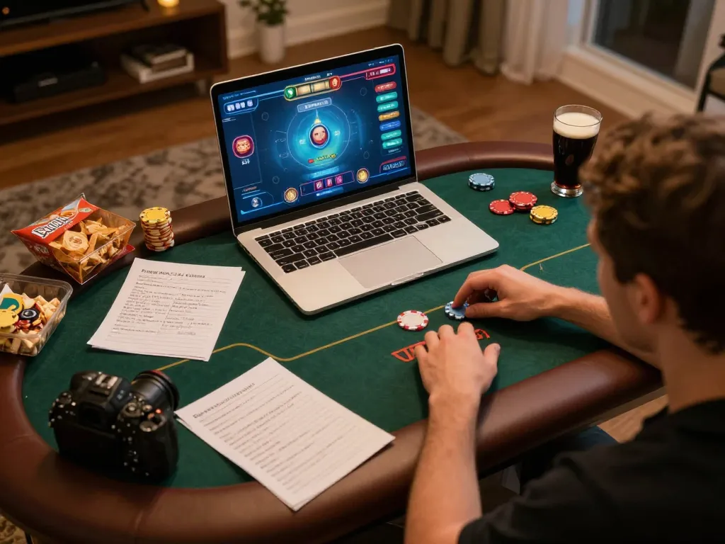 Player engages in an online poker game with strategic notes, showcasing slot77 action in a cozy environment.