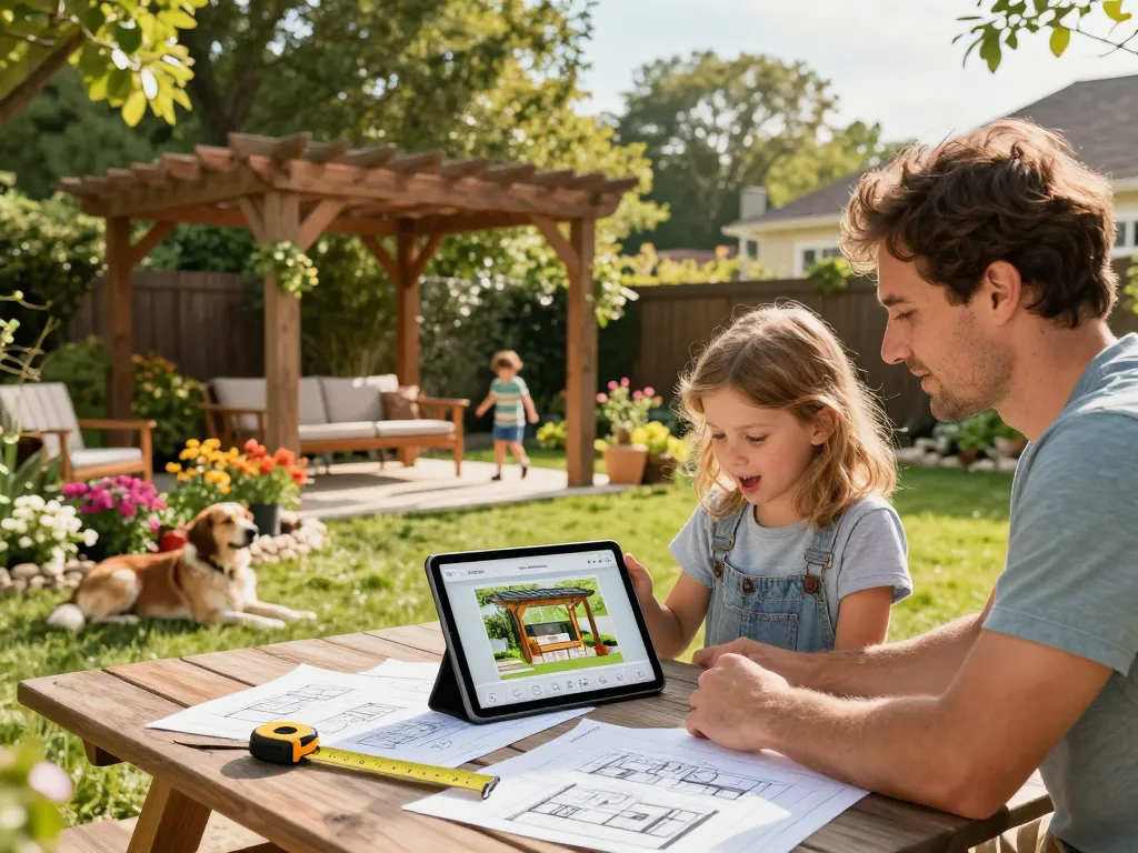 Family collaborating with a pergola 3D planner in their vibrant backyard.