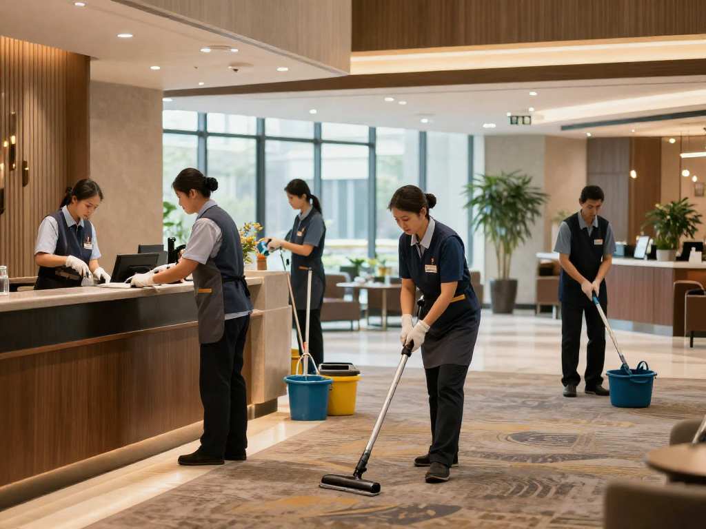 Professionelle Hotelreinigung Dortmund im modernen Hotelbereich mit Reinigungsteam und strahlendem Empfangsbereich.
