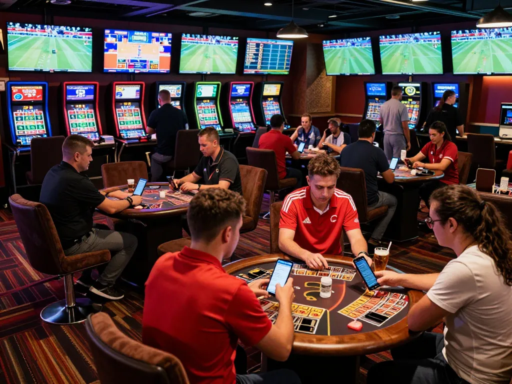 tv88 players engaged in thrilling sports betting with screens and betting slips