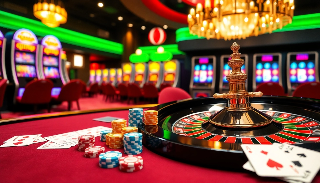 Exciting casino atmosphere at KJC featuring vibrant tables, poker chips, and roulette wheel.