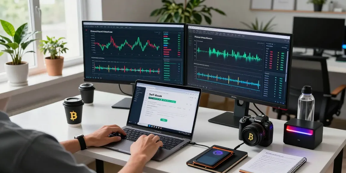sustainable bitcoin mining workspace with crypto trading setup and renewable energy data analysis