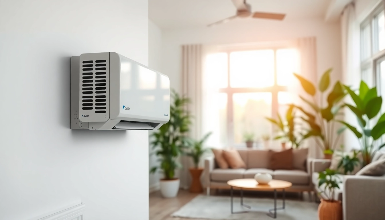 Modern Daikin mini split AC enhancing a stylish living room environment with plants.