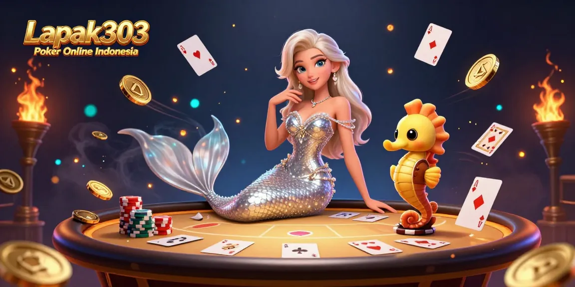 Engage with Lapak303 Poker Online Indonesia in a vibrant casino scene featuring a stunning woman and a cute seahorse.