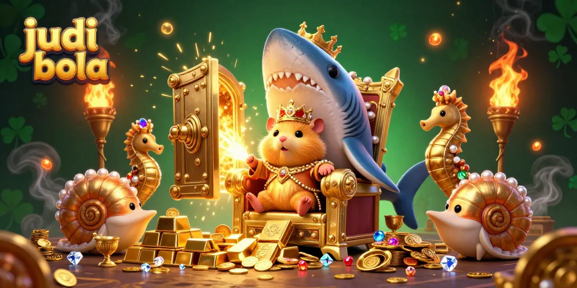 Engage in judi bola with a unique illustration of a hamster king on a megalodon throne amidst treasures.