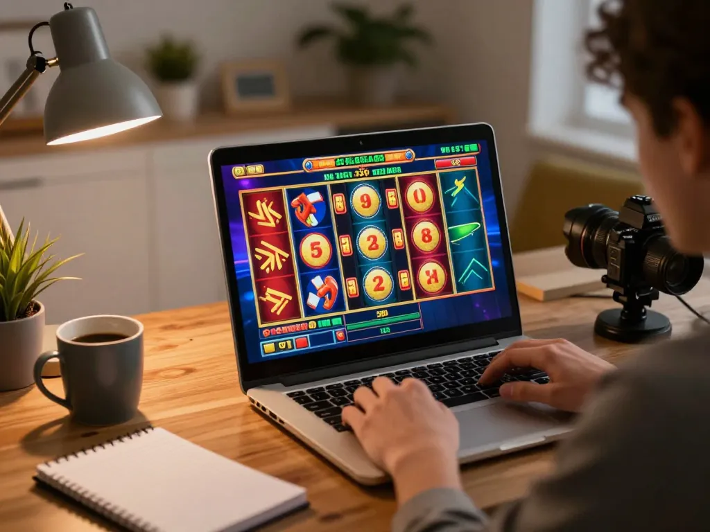 Player enjoying HARGATOTO online slots, showing vibrant reels on laptop screen and cozy home setting.