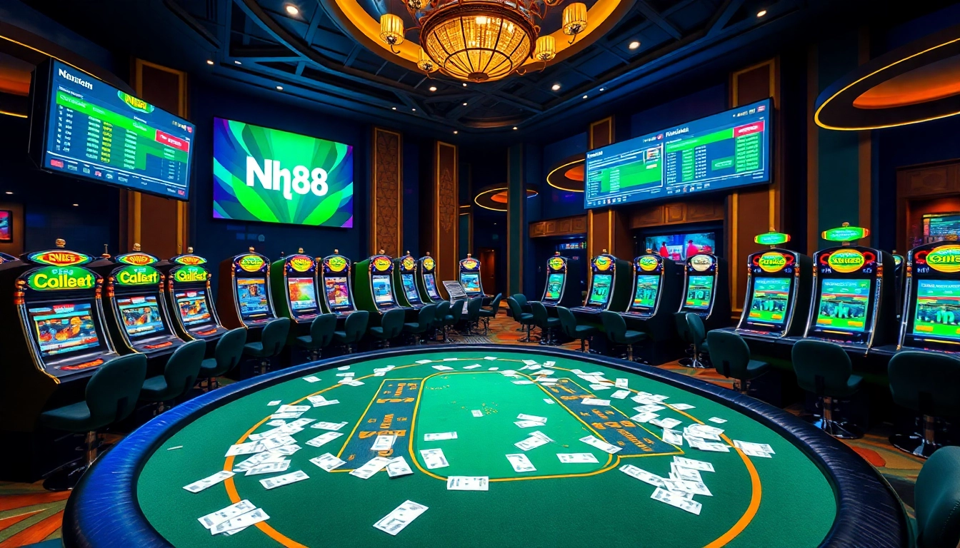 Engaging players in nn88 online gambling with a luxurious casino scene featuring poker tables and slot machines.
