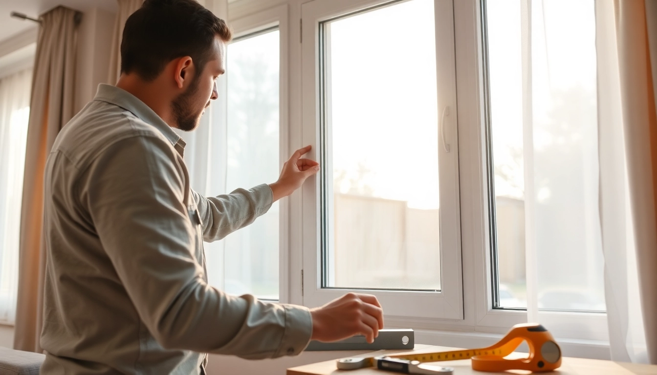 Expert window installation in a cozy living room featuring a skilled technician at work.
