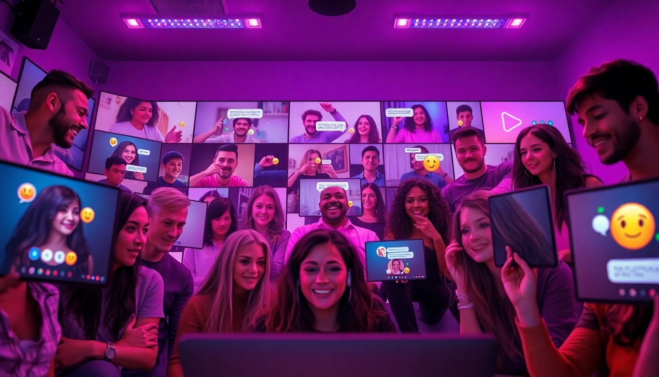 Porn chat room scene showcasing diverse individuals engaging in lively conversations through webcams.