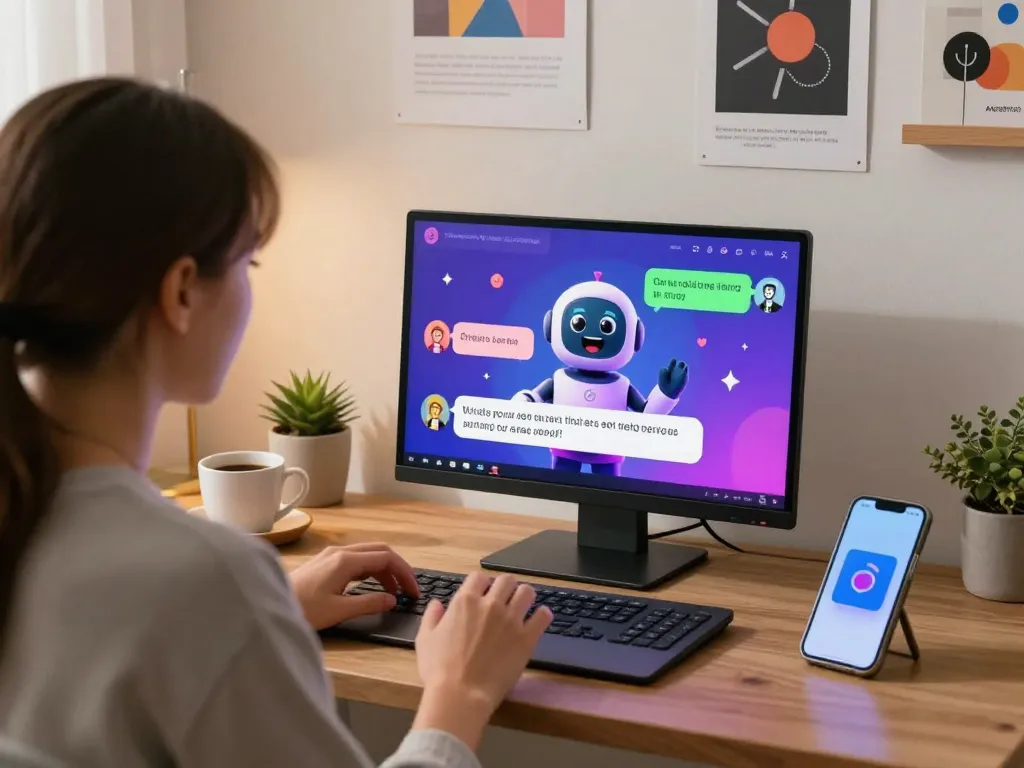 User engaging in an AI chat porn conversation with an animated character on a modern laptop.