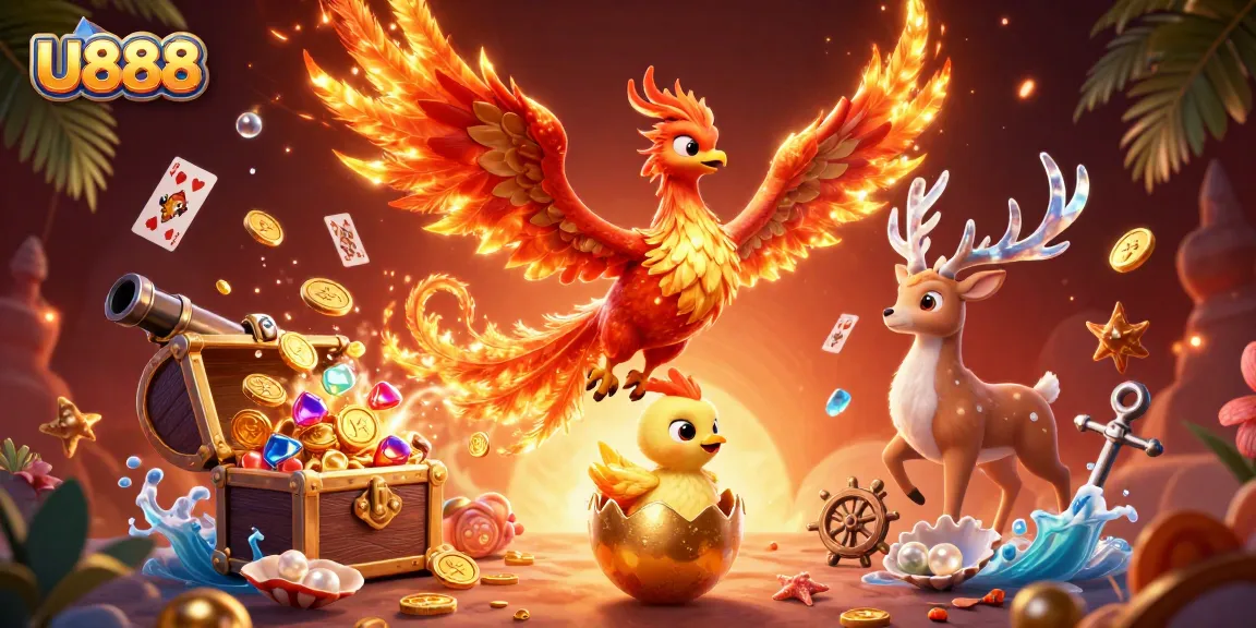 Experience the thrilling excitement of U888 with vibrant casino elements, showcasing a majestic phoenix and treasures.
