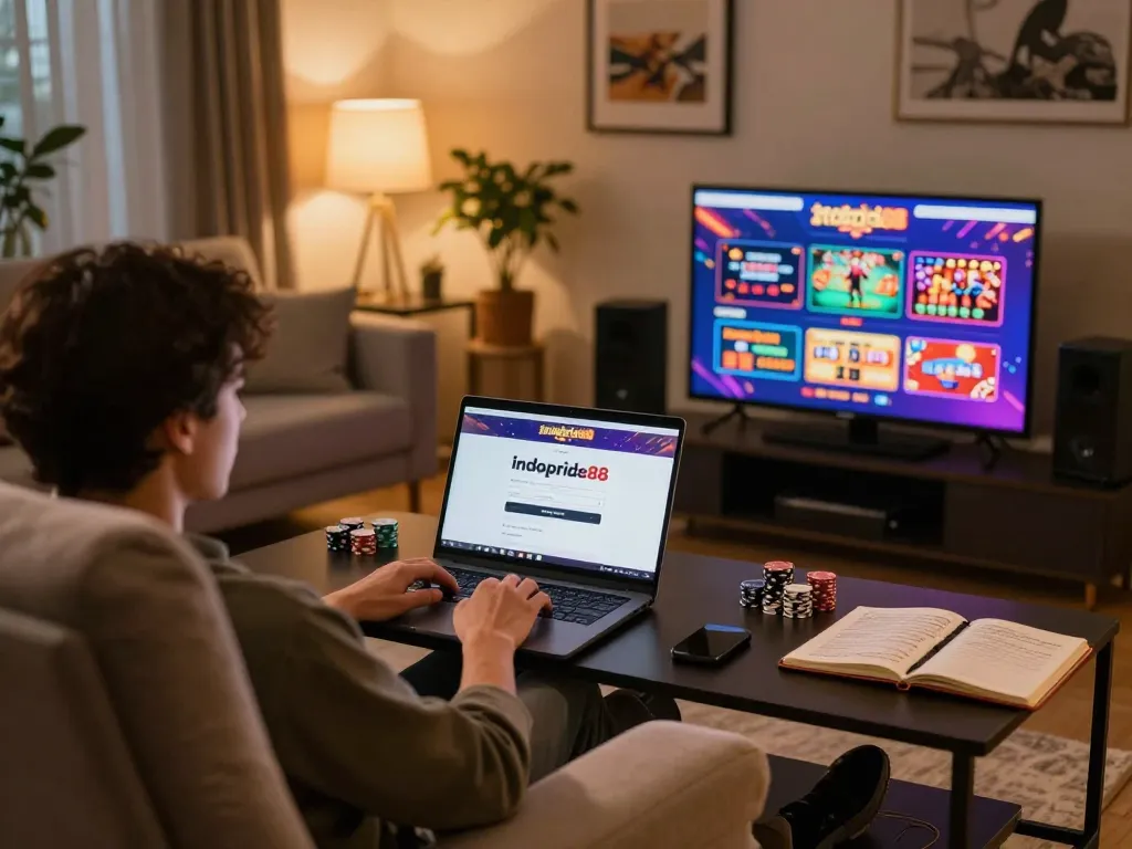Engaging in online casino gaming with indopride88 login on laptop during relaxed evening at home
