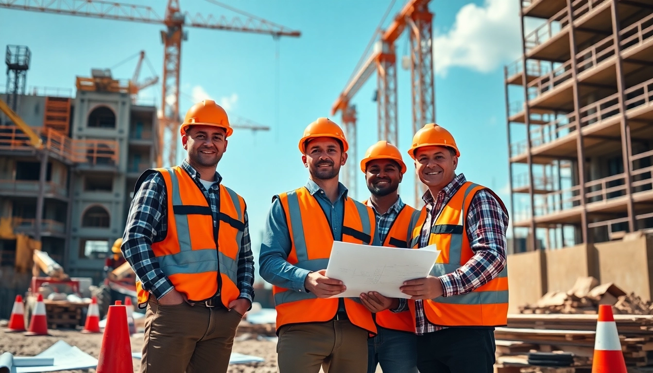 Engaged professionals from a construction association collaborating at a project site.
