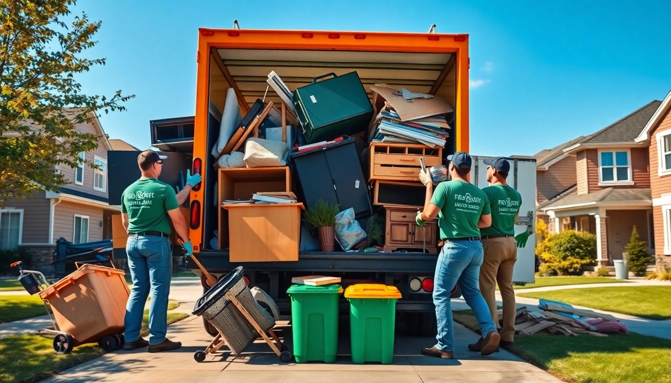 Junk removal services team efficiently loading appliances and furniture into a truck in a clean suburban setting.