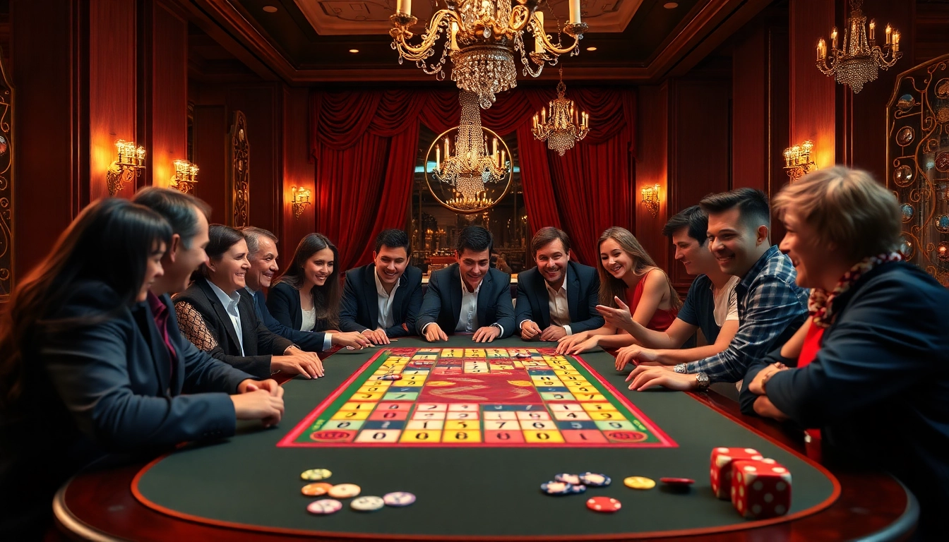 Exciting players enjoy רמיקוב אונליין at a luxurious casino table filled with vibrant tiles and rich decor.