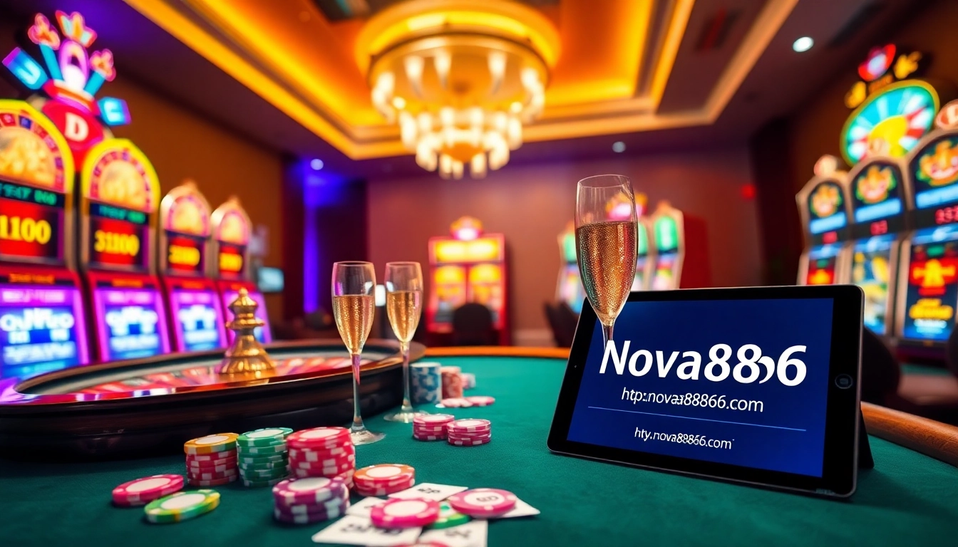 The vibrant casino scene with poker chips, roulette, and an online gambling interface from https://nova8886.com/ sets the tone for excitement.
