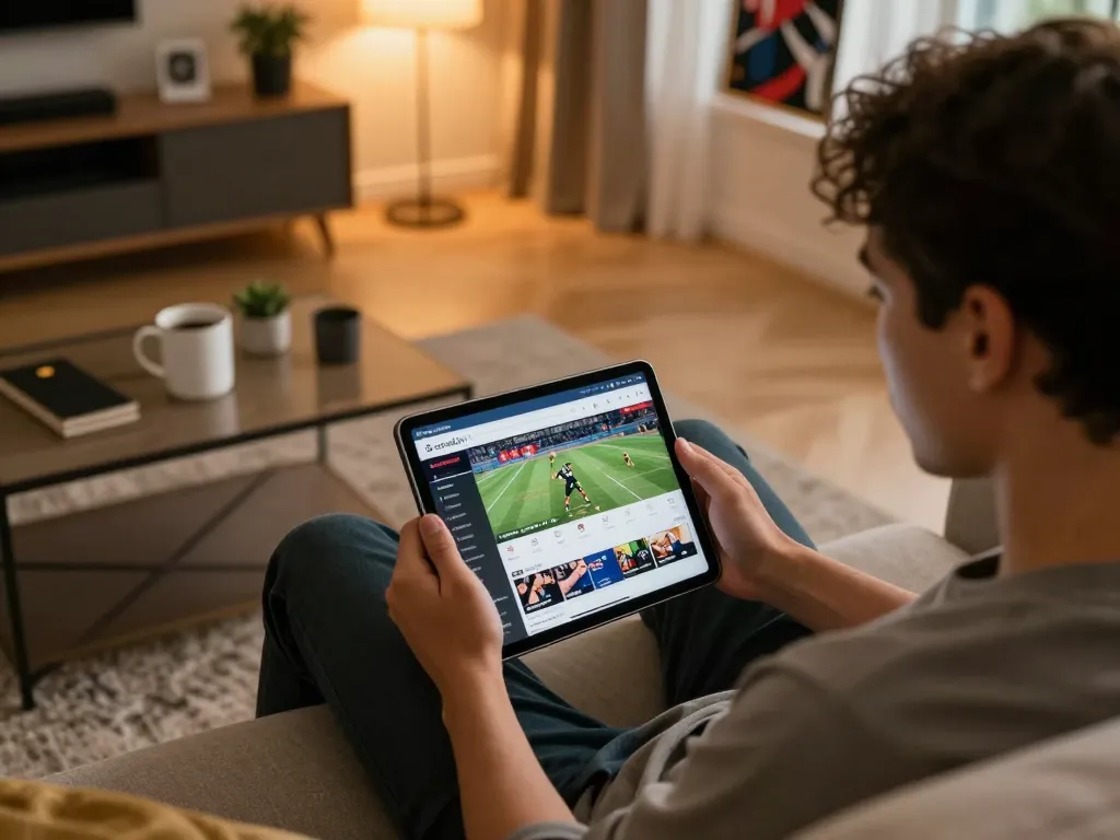 Socolive tv user engaging in live sports betting on a tablet in a cozy home atmosphere.