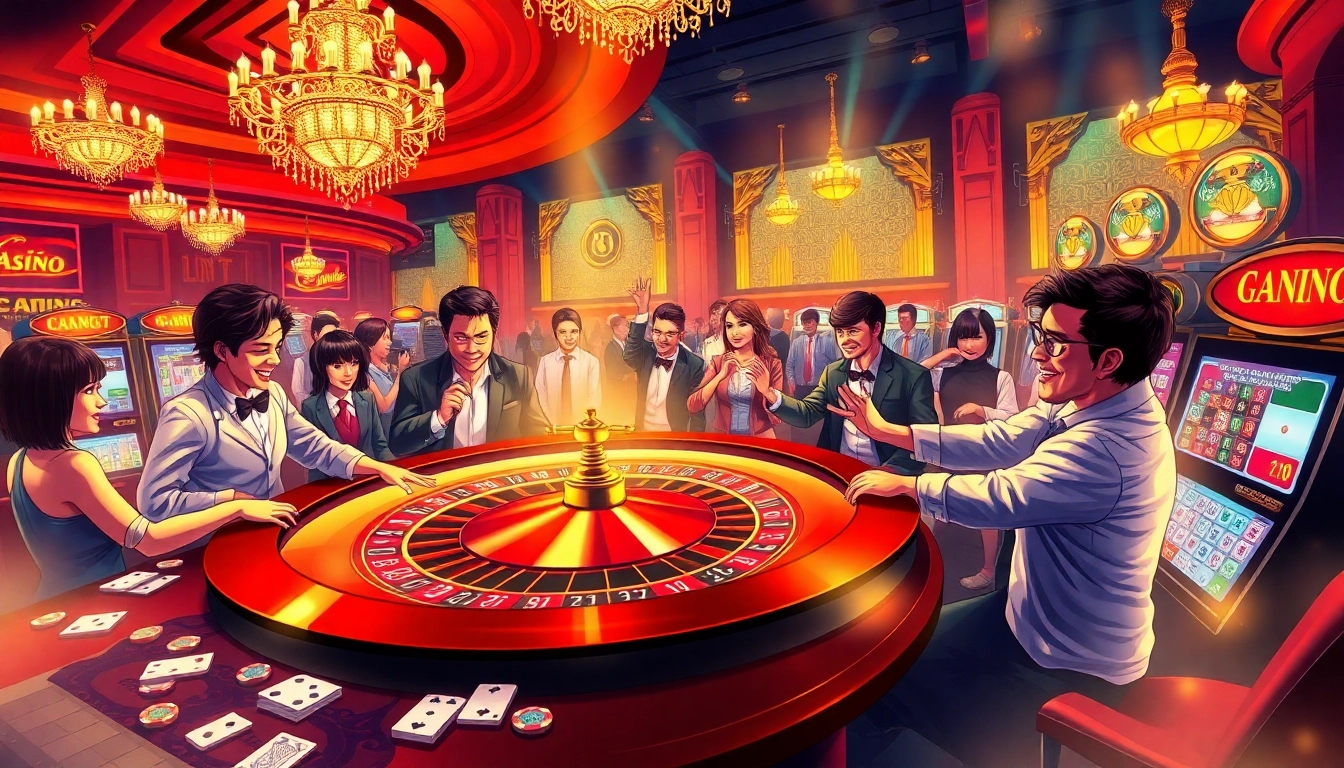 A vibrant casino scene showcasing players at a roulette table, highlighting the excitement of nhà cái tobet88