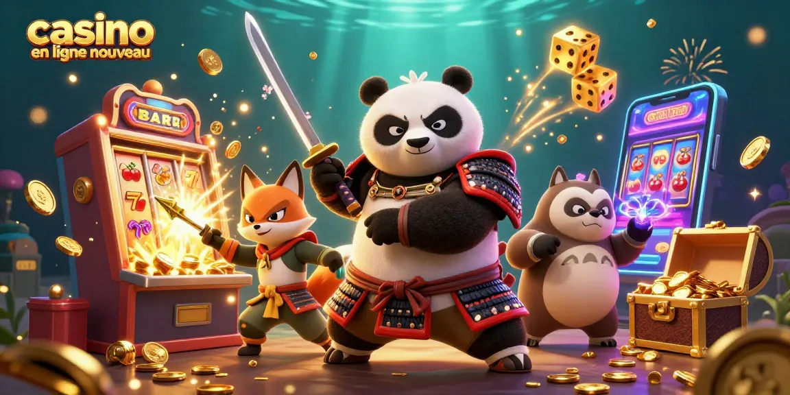 Le nouveau casino en ligne vous attend avec un samouraï panda et un renard ninja entourés de jeux de casino, de pièces d'or, et d'une ambiance festive.