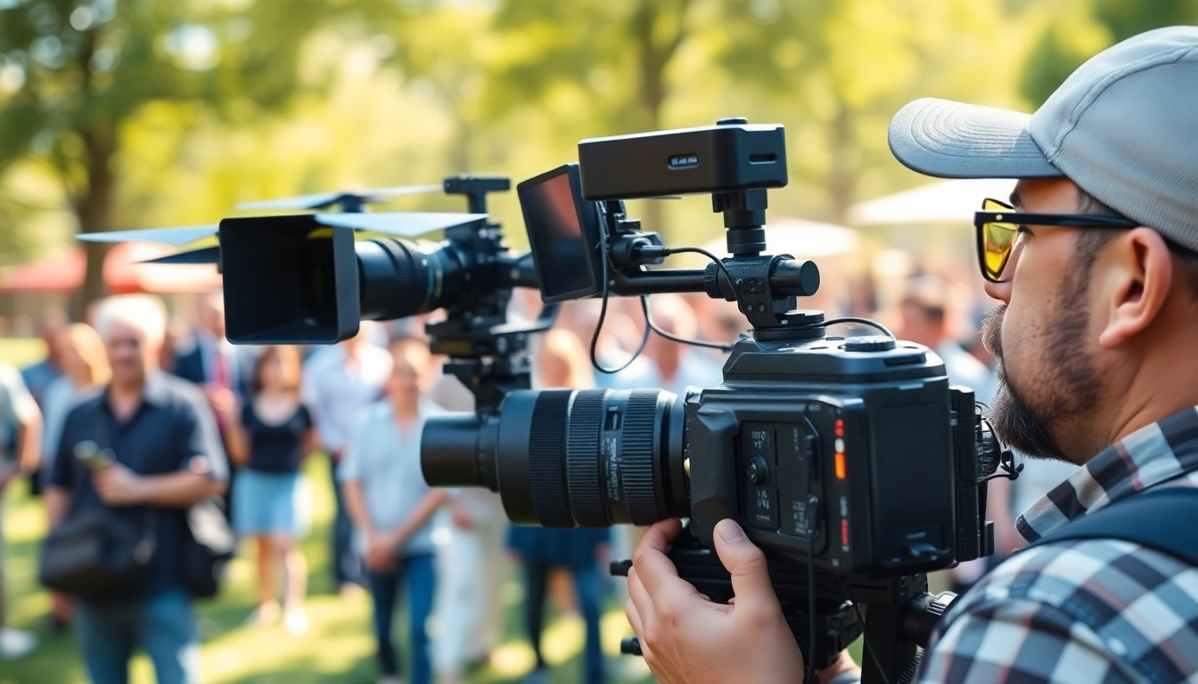 Showcasing mobile production services, a videographer captures an outdoor event with advanced equipment.