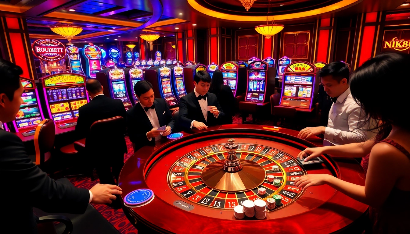 Engaging casino scene featuring a roulette table, embodying nk88.luxury excitement and luxury in gambling.