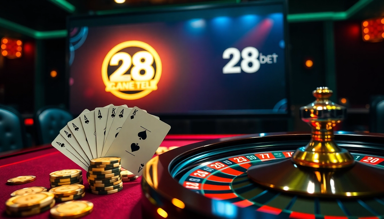 Experience thrilling games at trang chủ 28bet with vibrant casino elements like poker chips and roulette wheels.