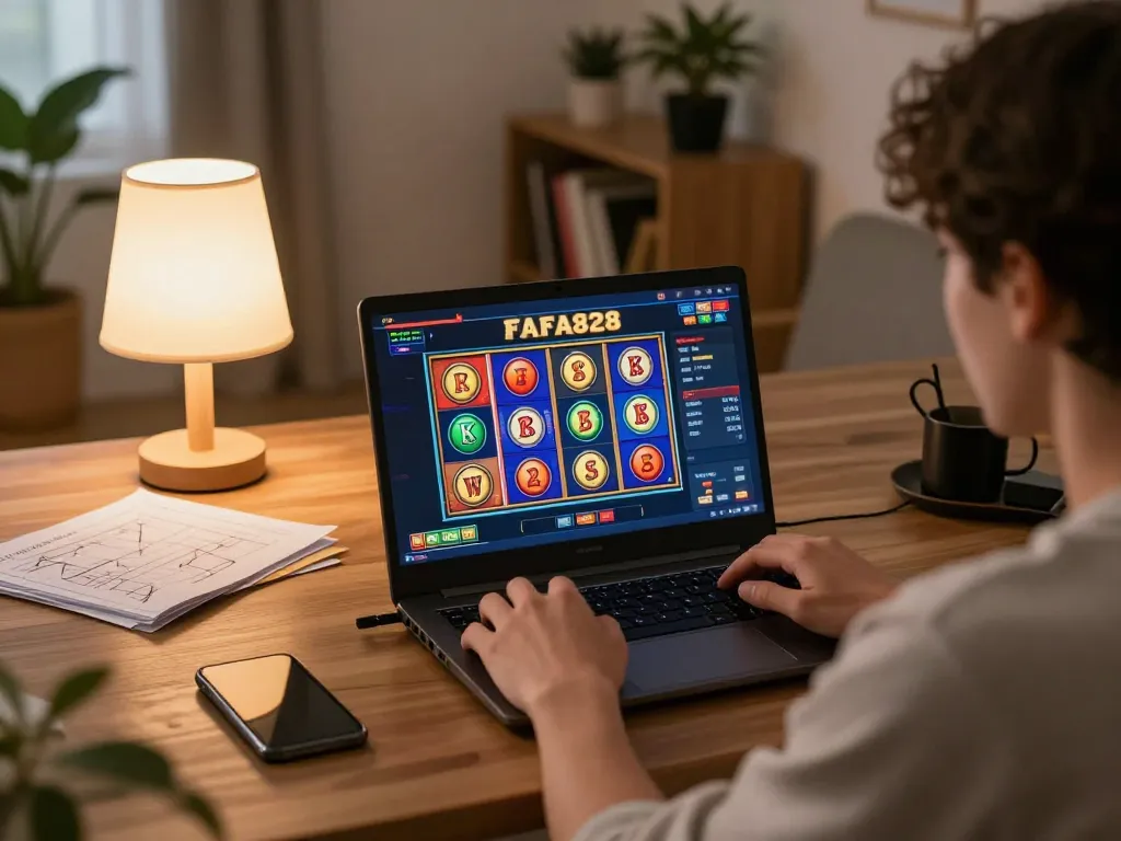 Engaging in online slots at FAFA828 on a laptop, demonstrating a vibrant gaming experience.