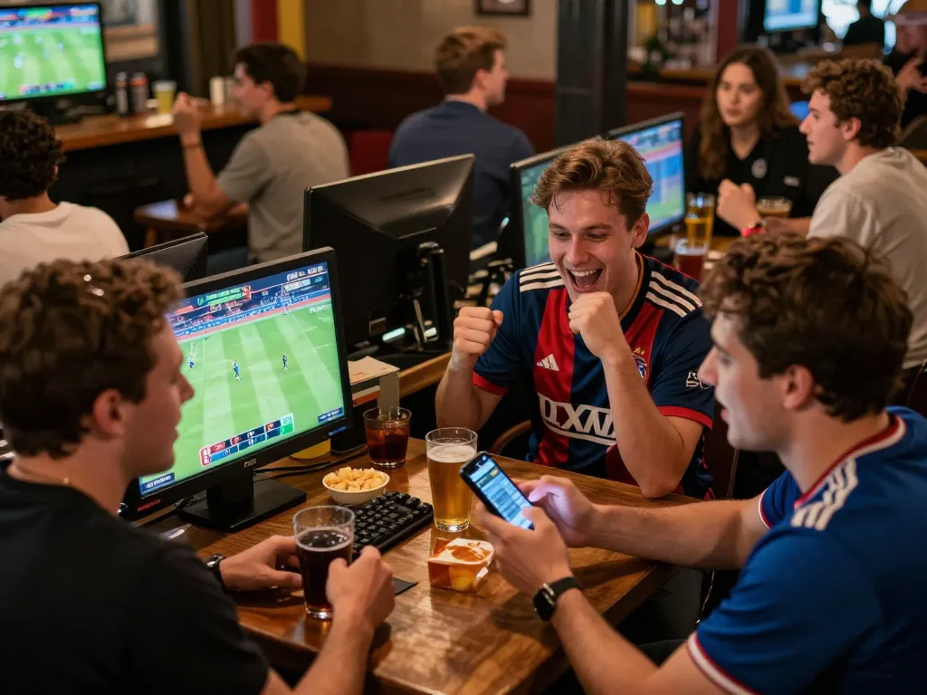 Engaged sports fans placing bets on their phones at OK FUN betting bar.
