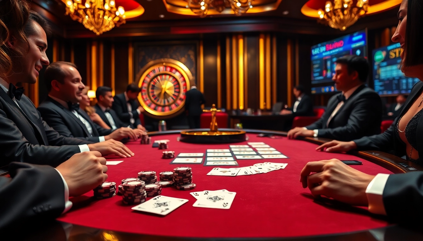 Participez à une table de poker à enjeux élevés dans un cadre de casino en ligne luxueux, montrant de l'excitation.