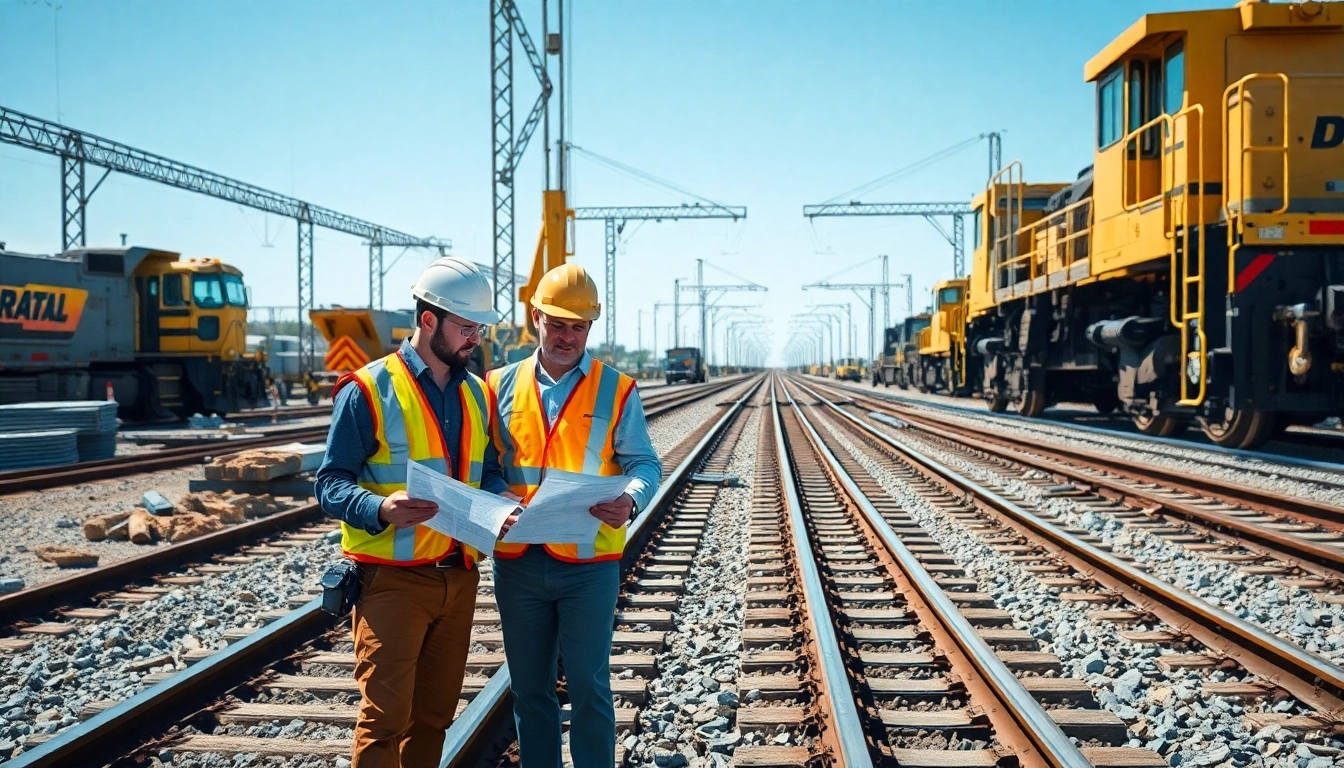 Railroad Contractors USA assessing blueprints on a railway site with machinery in action.