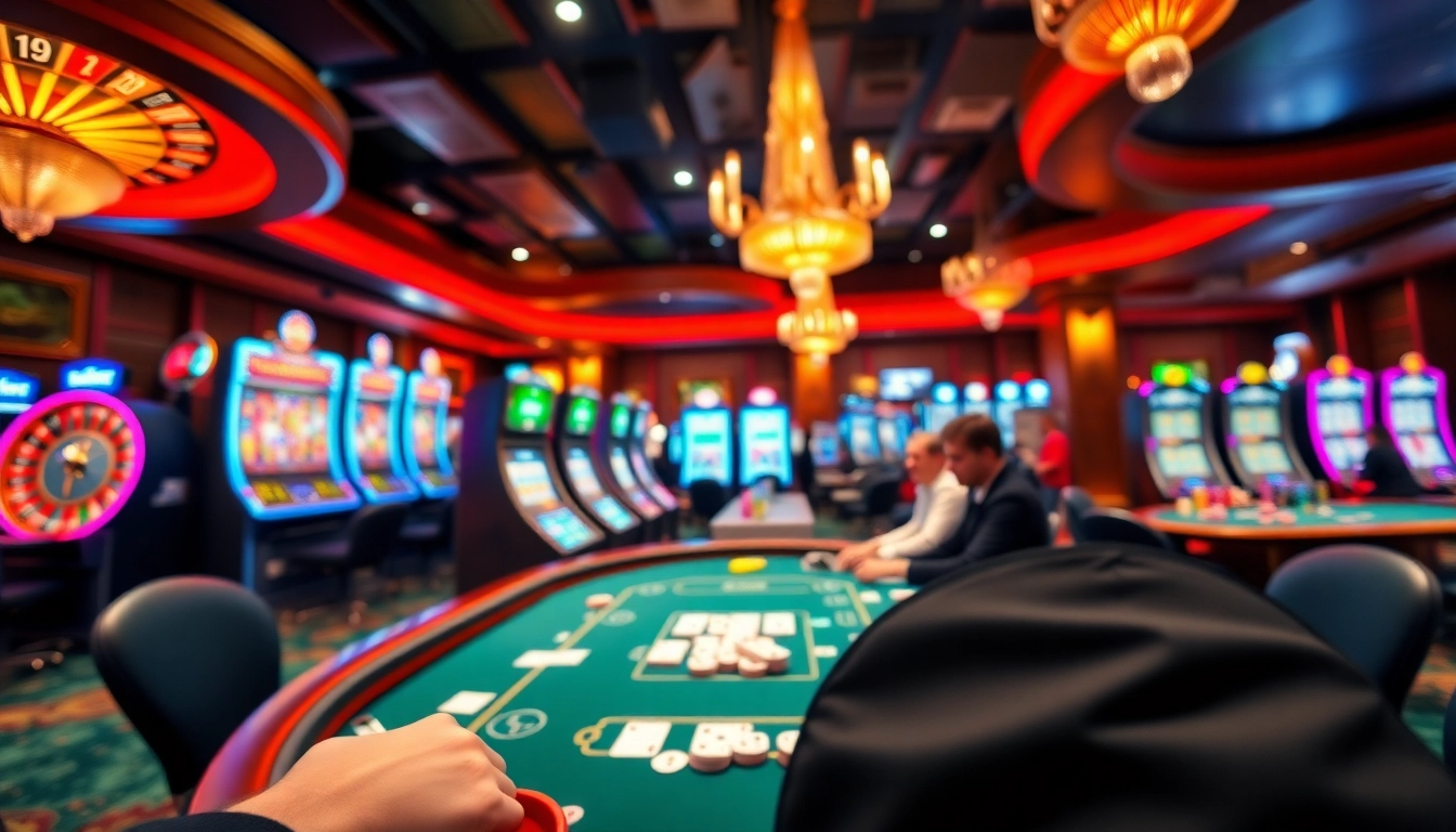 Experience the thrill of gambling at https://nk88.sa.com/ showcasing a vibrant casino scene filled with excitement.