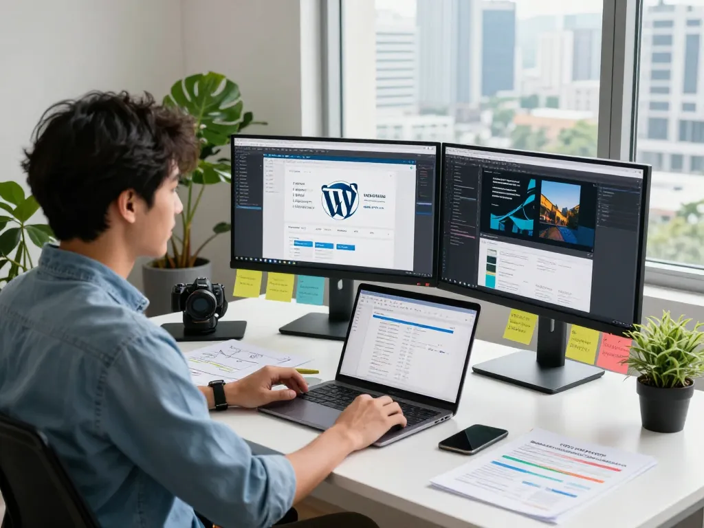 Freelance web developer Kuala Lumpur creating innovative website designs in a modern workspace.