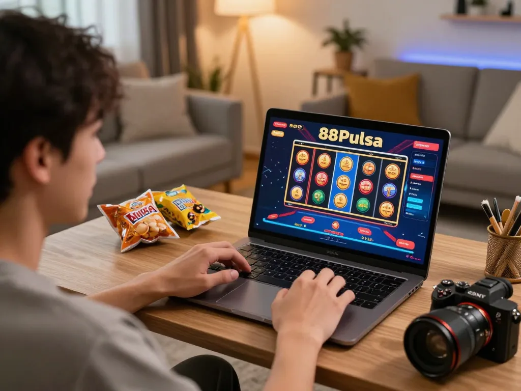 Pemain terlibat dengan slot dan permainan 88Pulsa secara online di pengaturan kantor rumah yang nyaman, fokus pada permainan strategis.