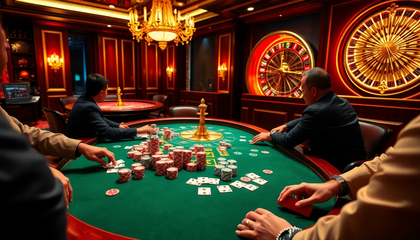 Engaging poker game at QH88 casino with vibrant chips and cards showcasing excitement.