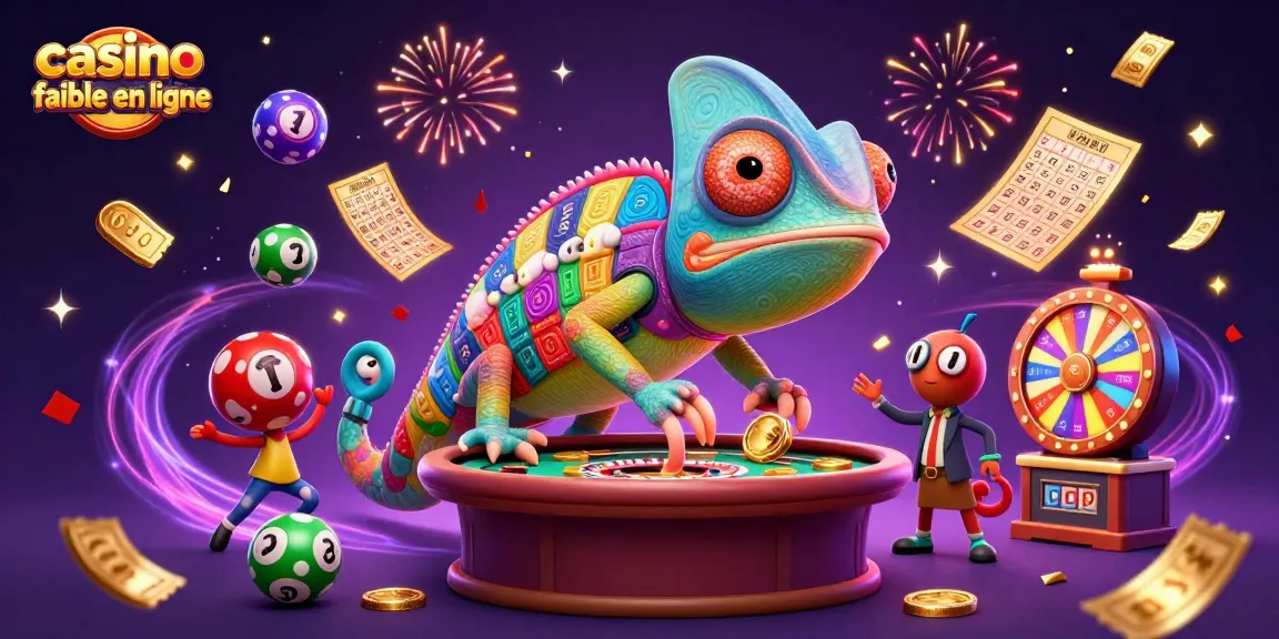 Une scène de casino animée illustrant un chameleon flamboyant, représentatif d'un casino fiable en ligne, attrapant des pièces d'or.