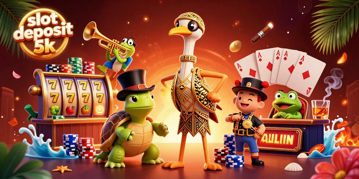 Spin to win with slot deposit 5k, showcasing vibrant fruit symbols and lucky 7s in a bustling casino scene.