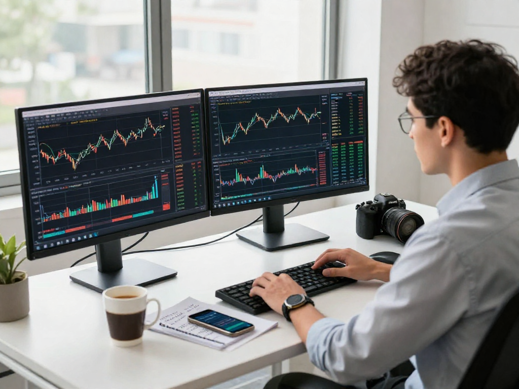 Trader analyzing data on multiple screens using TradingView in a modern office.